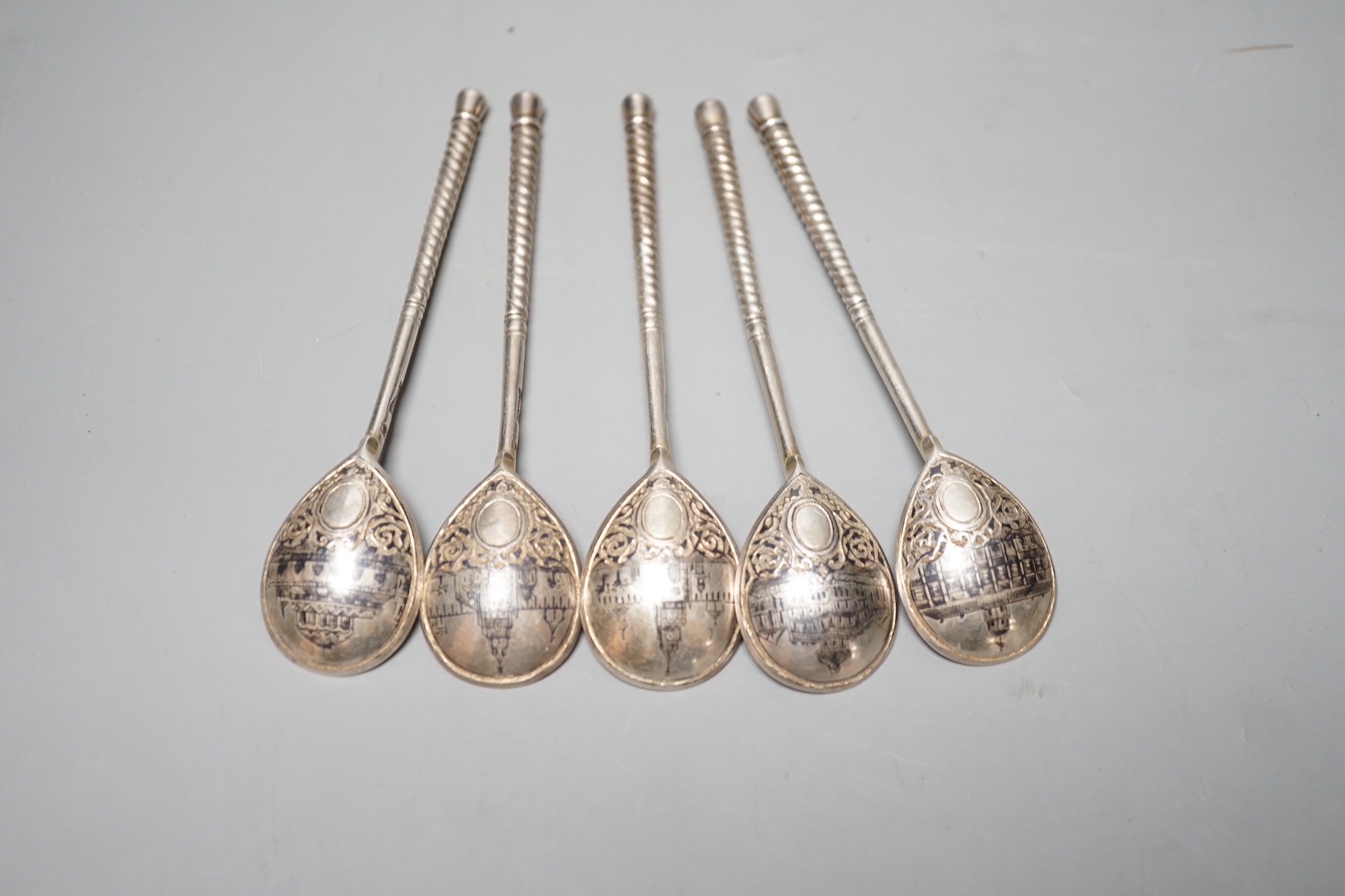 A set of five late 19th century Russian 84 zolotnik and niello spoons, 1875, 12.7cm, gross 135 grams.